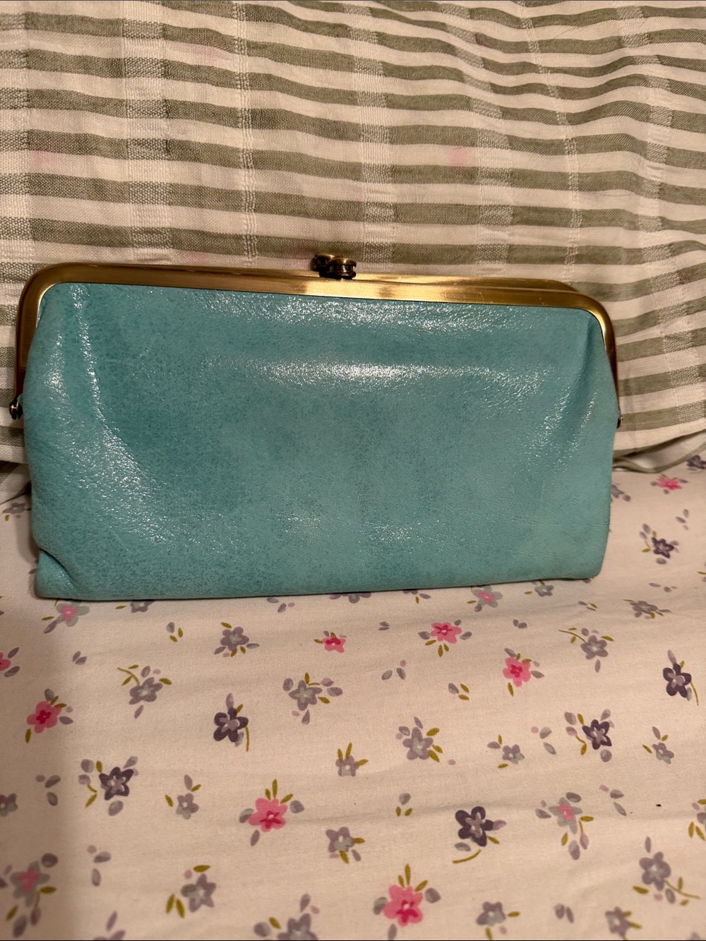 HOBO Turquoise Leather Frame Clutch with Gold Hardware